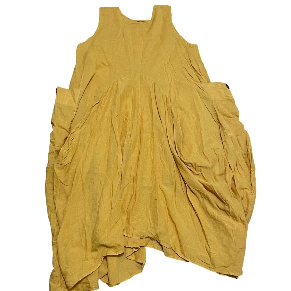 Thaluta Mustard Yellow Cotton Boho Midi Dress Sleeveless Pockets Lagenlook NWT
